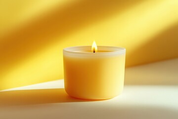 Poster - Bright yellow candle with a glowing flame placed against a vivid yellow background creates a warm and inviting atmosphere in a cozy setting during daylight