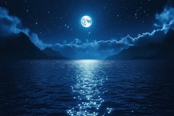 Poster - Dark ocean waters reflect starry night sky with shimmering light across undulating waves creating a tranquil atmosphere