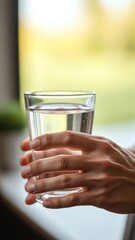 Poster - Elderly Hands Holding a Clear Glass of Water with Soft Focus Background in Natural Light