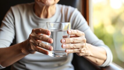 Poster - Elderly Hands Holding a Clear Glass of Water with Soft Focus Background in Natural Light
