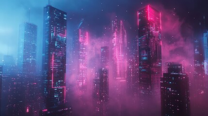 Poster - futuristic abstract cityscape with neon-lit skyscrapers dissolving into digital waves
