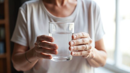 Poster - Elderly Hands Holding a Clear Glass of Water with Soft Focus Background in Natural Light