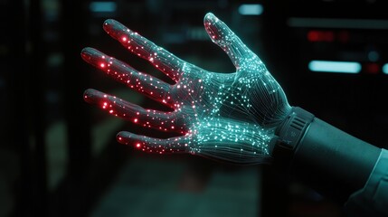 Poster - AI hand with fiber-optic veins glowing in a dark sci-fi setting