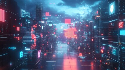 Poster - A futuristic AI-controlled digital landscape, where communication between smart devices and cloud systems happens in real-time