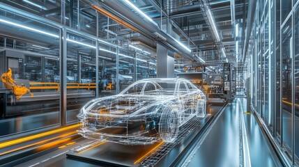 Poster - a futuristic automobile factory with transparent walls, showcasing an automated production process