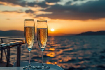 Aufkleber - Sparkling drink in a glass against a vibrant sunset over the ocean, creating a serene and romantic atmosphere during twilight hours