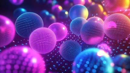 Poster - A futuristic bubble pattern featuring glowing neon spheres arranged in a digital matrix