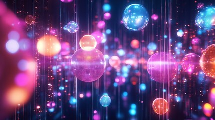 Poster - A futuristic bubble pattern featuring glowing neon spheres arranged in a digital matrix