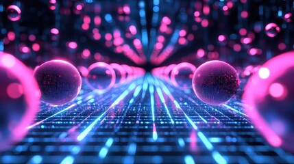 Poster - A futuristic bubble pattern featuring glowing neon spheres arranged in a digital matrix