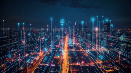 Poster - A futuristic city illuminated by AI-driven communication lines, showcasing the seamless connection between smart devices and intelligent systems