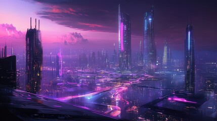 Poster - A futuristic city skyline with sleek glass skyscrapers, floating walkways, and neon-lit streets, showcasing advanced architectural design.