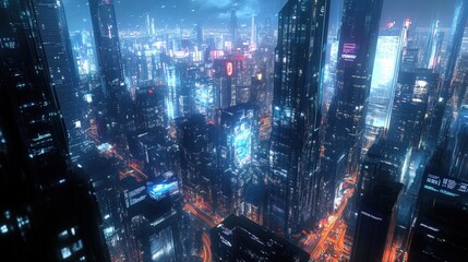 Poster - A futuristic city skyline with sleek glass skyscrapers, floating walkways, and neon-lit streets, showcasing advanced architectural design.