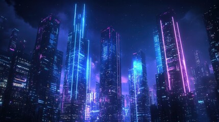 Poster - A futuristic cityscape at night, featuring towering skyscrapers with blue and purple neon lights cutting through the darkness.