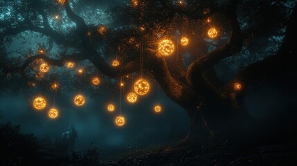 Poster - A tree with glowing orbs hanging from its branches, illuminating the surrounding darkness