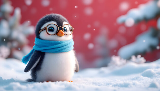 Adorable Penguin in Winter Wonderland: A 3D Rendered Festive Scene