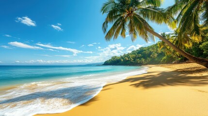 Wall Mural - a tropical beach with golden sand, swaying palm trees, and a clear blue ocean under the bright summe