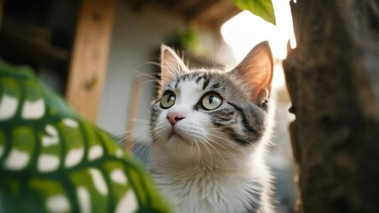 Poster - focused view of a kitten among decor plants and pets.