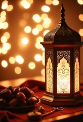 Poster - Ramadan and Eid al fitr concept backgrounds dates with traditional lantern Light Lamp and Tasbeeh, Ramadan Kareem Mubarak background