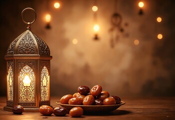 Poster - Ramadan and Eid al fitr concept backgrounds dates with traditional lantern Light Lamp and Tasbeeh, Ramadan Kareem Mubarak background