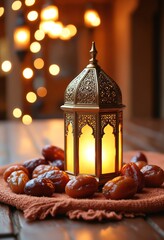 Poster - Ramadan and Eid al fitr concept backgrounds dates with traditional lantern Light Lamp and Tasbeeh, Ramadan Kareem Mubarak background