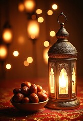 Poster - Ramadan and Eid al fitr concept backgrounds dates with traditional lantern Light Lamp and Tasbeeh, Ramadan Kareem Mubarak background