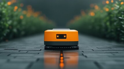 Poster - Smart City Infrastructure with Autonomous Robot on Urban Pathway Surrounded by Greenery and Ambient Lighting