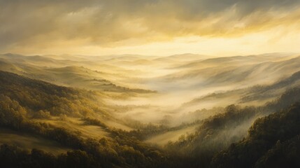 Wall Mural - a vast aerial panorama of a fog-covered valley at sunrise, with golden light breaking through the mi