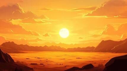 Wall Mural - a vast desert landscape beneath a golden sky at sunset, creating a warm and peaceful mood.