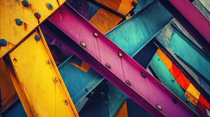 Poster - A vibrant abstract construction concept with multicolored steel beams and bold geometric shapes