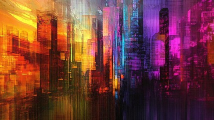 Poster - A vibrant abstract urban landscape where neon-lit skyscrapers dissolve into fractal forms.