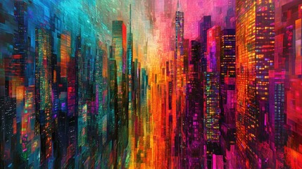 Poster - A vibrant abstract urban landscape where neon-lit skyscrapers dissolve into fractal forms.