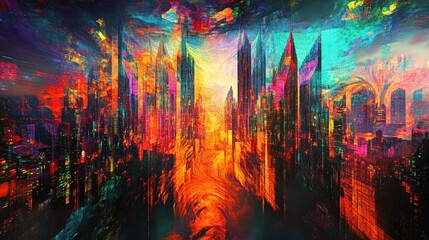 Poster - A vibrant abstract urban landscape where neon-lit skyscrapers dissolve into fractal forms.