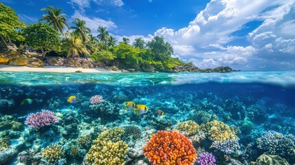 Wall Mural - a vibrant coral reef near a summer beach, with colorful fish swimming in the crystal-clear water.