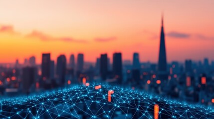 Poster - Futuristic Smart City Infrastructure Visualization at Sunset with Network Connections and Urban Skyline in the Background