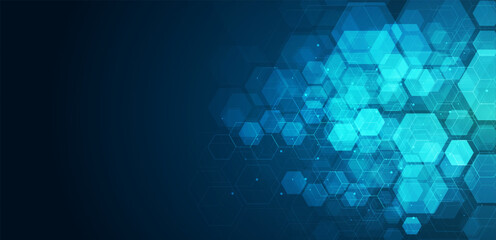 Poster - hexagons pattern on blue background. genetic research, molecular structure. chemical engineering. co