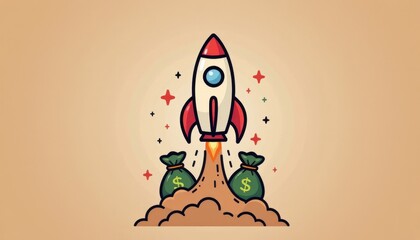 business startup rocket launch icon with upward arrow and money bags symbolizing entrepreneurship su