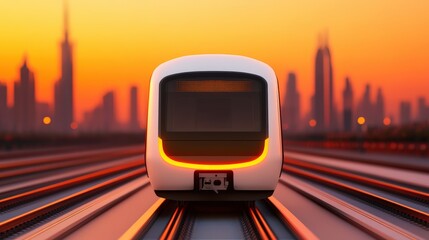 Poster - Futuristic Smart City Train at Sunset with Cityscape Background Highlighting Infrastructure and Urban Development Concepts