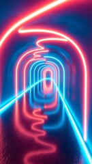 Poster - Abstract Neon Light Tunnel with Reflections and Smooth Wavy Forms