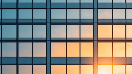 Poster - Modern Glass Facade of an Urban Building Reflecting the Sunset, Symbolizing Smart City Infrastructure Development and Innovative Urban Design