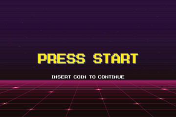 Leinwandbilder - PRESS START INSERT A COIN TO CONTINUE. pixel art .8 bit game. retro game. for game assets. Retro Futurism Sci-Fi Background. glowing neon grid. and stars from vintage arcade computer games