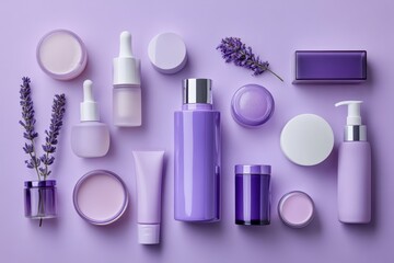 Poster - Lavender inspired product display featuring bottles and jars arranged on a pastel platform in a serene ambiance during daylight