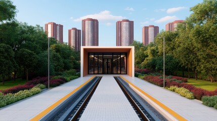 Poster - Modern Smart City Infrastructure Featuring a Train Station Surrounded by Lush Greenery and Urban High-Rise Buildings Under Clear Blue Sky