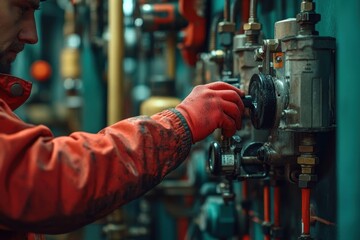 Poster - Worker in red gloves adjusting industrial machinery at a facility in the evening for maintenance and operational improvements