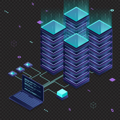 Fototapete - Database servers. Server room data center. Hosting server isometric. Isometric technology. Vector isometric illustration