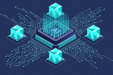 Fototapete - Isometric artificial intelligence chip concept. Artificial intelligence concept. Futuristic microchip processor. Isometric technology