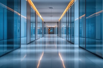 Fototapete - Modern office corridor with sleek glass walls and bright lighting creating an inviting atmosphere for productivity during the day