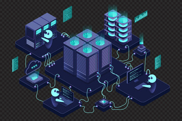 Fototapete - Isometric data center or server room. Data center connection network. Cloud storage. Isometric high technology concept. Isometric technology
