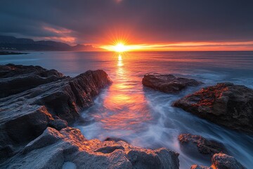 Aufkleber - Sunset over calm ocean waves on a serene beach filled with vibrant colors and soft clouds, capturing the tranquility of the evening sky