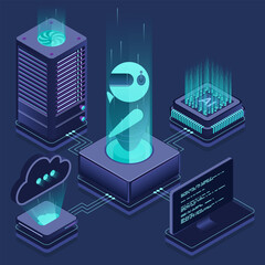 Aufkleber - Artificial intelligence robot. System analysis. Big data processing. Machine learning technology. Isometric technology