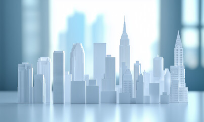 A minimalist city skyline model featuring iconic skyscrapers against a soft-focus background.